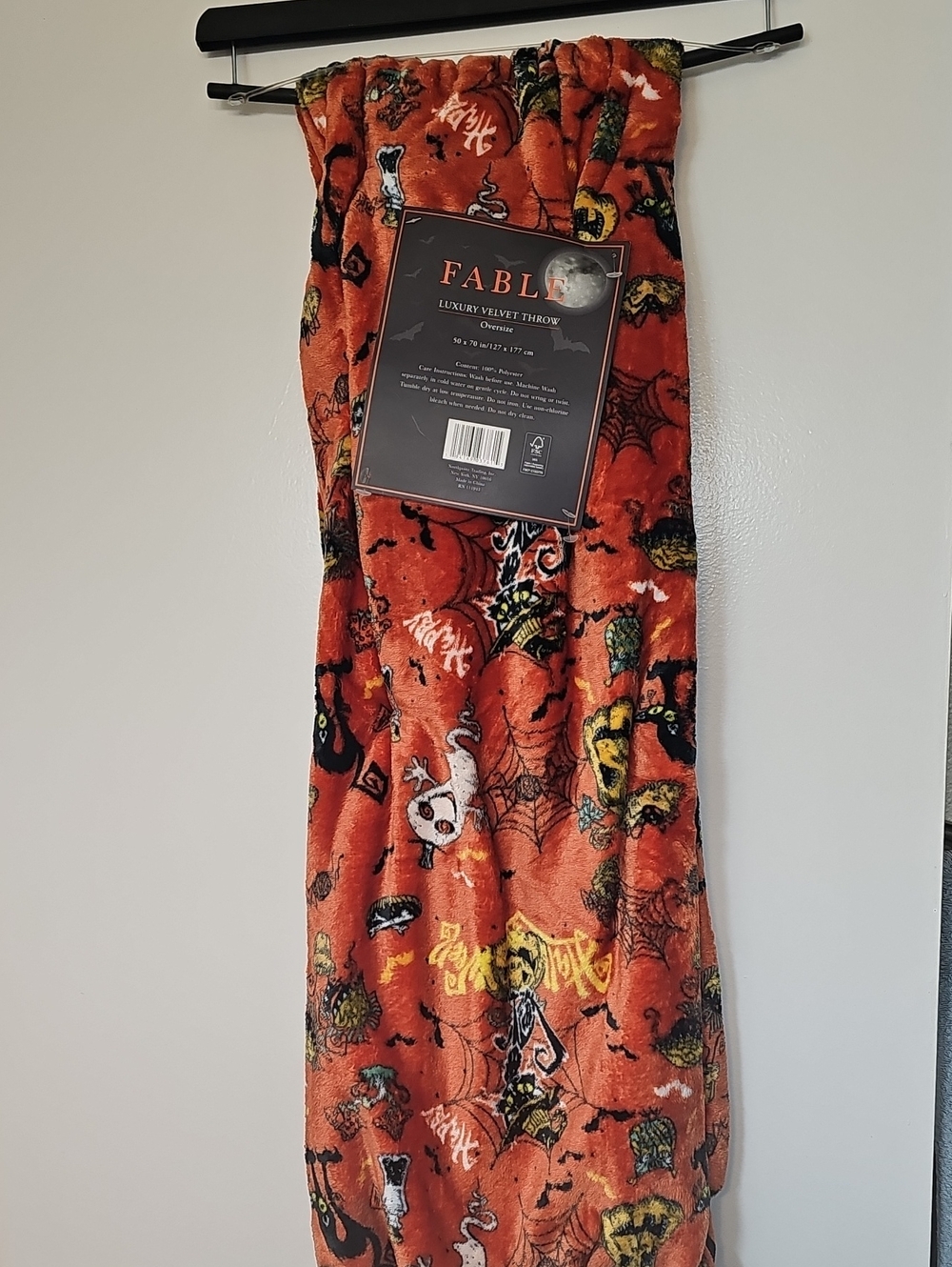 Able Orange Halloween Velvet Throw with Black Accents